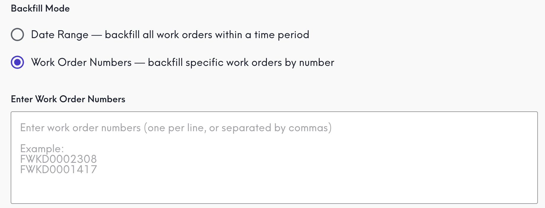 Screenshot of Nuvolo Source backfill with example Work Order Numbers from the Nuvolo Source CMMS.